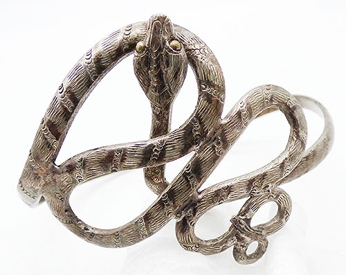 Figural Jewelry - Snakes Turtles Reptiles - Sterling Silver Coiled Snake Bangle Bracelet
