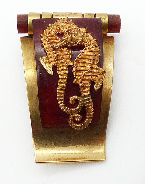 Figural Jewelry - Birds & Fish - Jean Painleve Galalith Seahorses Dress Clip