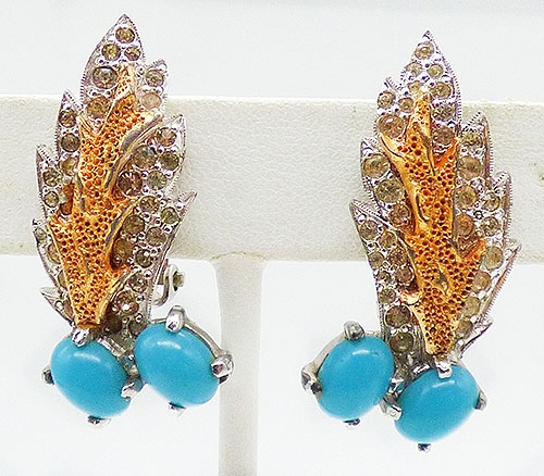 Polcini/Ledo - Polcini Turquoise Cabochon Rhinestone Leaf Earrings