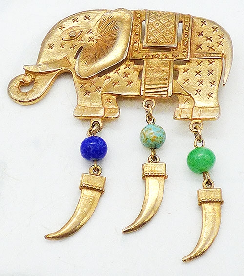 Figural Jewelry - Animals - Gold Tone Elephant and Dangling Tusks Brooch