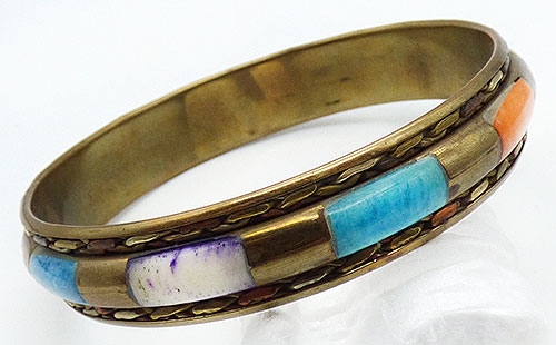Bracelets - India Inlaid Dyed Bone Brass Bangle