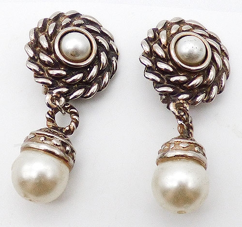 Pearl Jewelry - Silver Tone Rope Dangling Pearl Earrings
