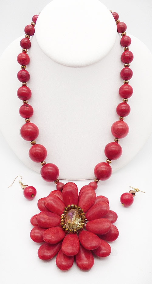 Florals - Red Jasper Flower Statement Necklace Set