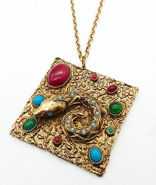 Figural Jewelry - Snakes Turtles Reptiles - Dimensional Snake and Cabochon Square Pendant 