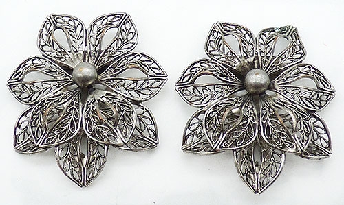 Newly Added Silver Filigree Flowers Dress Clips Pair