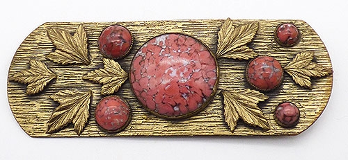 Art Nouveau - Coral Glass Brass Leaves Sash Pin