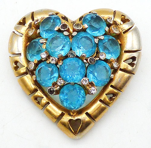 Newly Added Aqua Rhinestone Gold Plated Heart Brooch