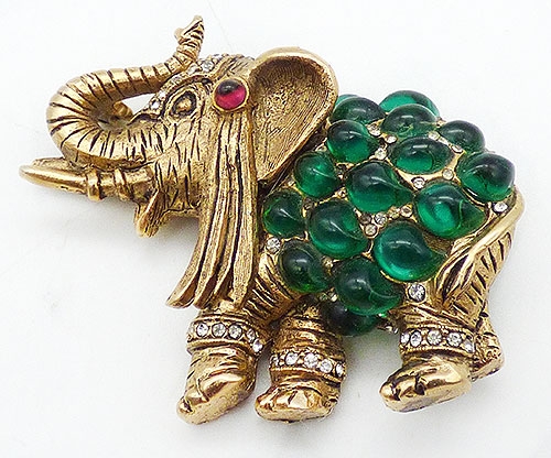 Figural Jewelry - Animals - Green Glass Cabochon Elephant Brooch