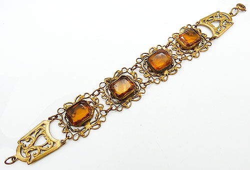 Czechoslovakia - Czech Amber Glass Filigree Bracelet