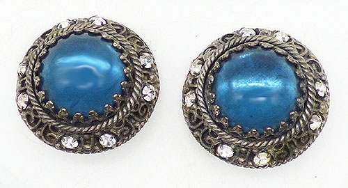 Earrings - Blue Glass Cabochon Domed Earrings