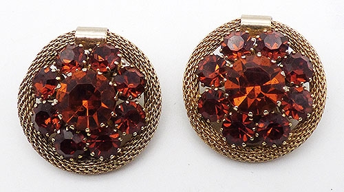 Trend Spring 2022 - Button Earrings - Burnt Orange Rhinestone Round Mesh Earrings