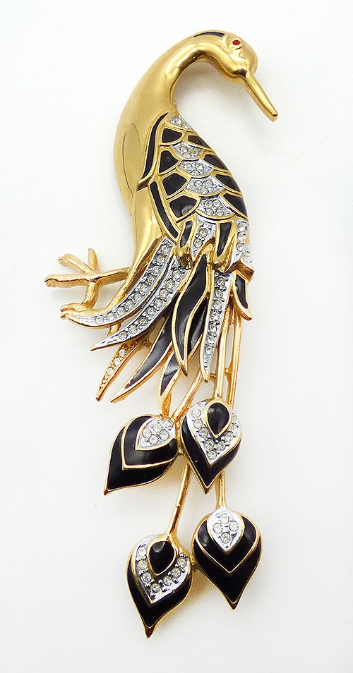 Figural Jewelry - Birds & Fish - Gold Black Enamel and Rhinestone Peacock Brooch