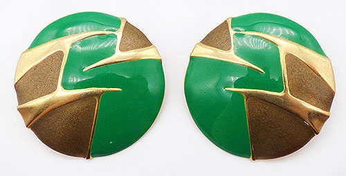 Earrings - Green and Bronze Enamel Metal Earrings