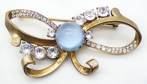 Bows & Ribbons - Mazer Sterling Blue Moonstone Bow Brooch
