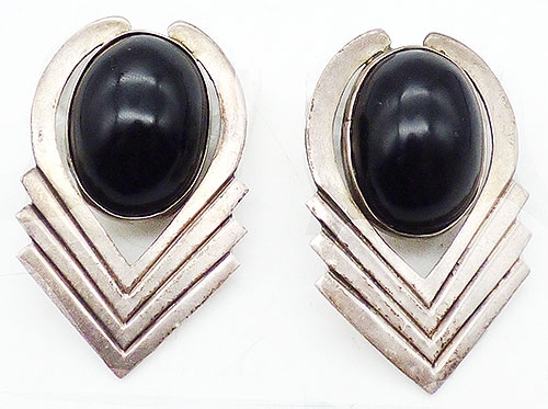 Sterling Silver - Taxco Sterling Onyx Cabochon Earrings