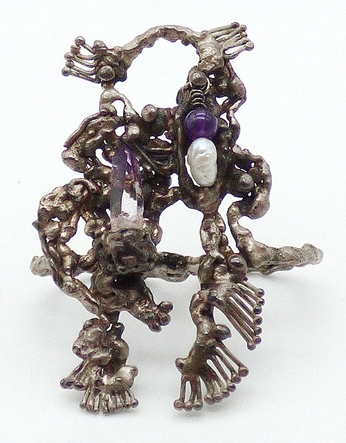 Sterling Silver - Sterling Amethyst Pearl Brutalist Double Ring