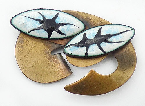 Brooches - Mid Century Brass and Abstract Enamel Brooch