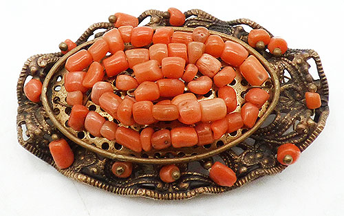 Newly Added Brass Filigree Coral Bead Brooch