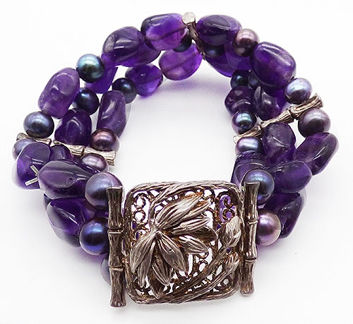 Sterling Silver - Chinese Amethyst and Black Pearl Bracelet