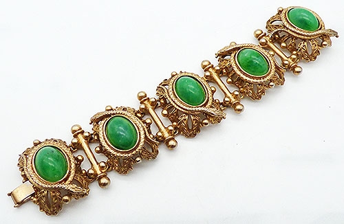 Figural Jewelry - Snakes Turtles Reptiles - Green Cabochon and Snakes Link Bracelet
