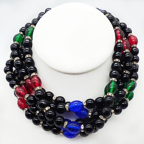 Necklaces - Black and Jewel Tone Glass Bead Toesade Necklace