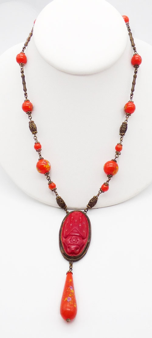 Figural Jewelry - Butterflies & Bugs - Czech Red Scarab and Orange Bead Necklace