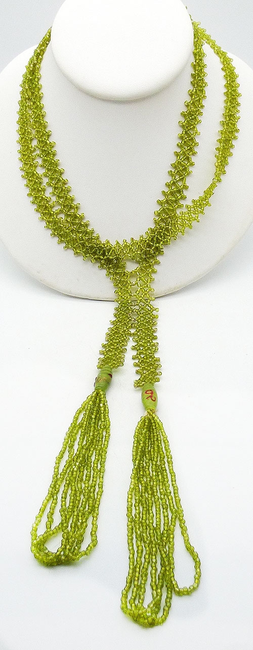 Tassels & Fringe - Lime Green Crocheted Beads Flapper Necklace
