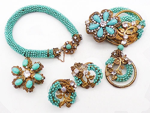 Newly Added Miriam Haskell Turquoise Beads Floral Parure