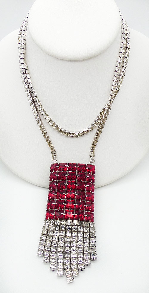 Newly Added Ruby and Clear Rhinestone Tassel Necklace