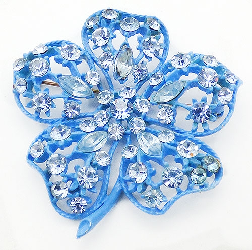 Brooches - Blue Japanned Rhinestone Flower Brooch