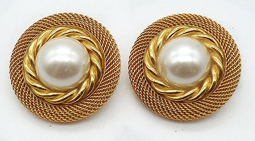 Earrings - Oversized Gold Mesh Faux Pearl Earrings