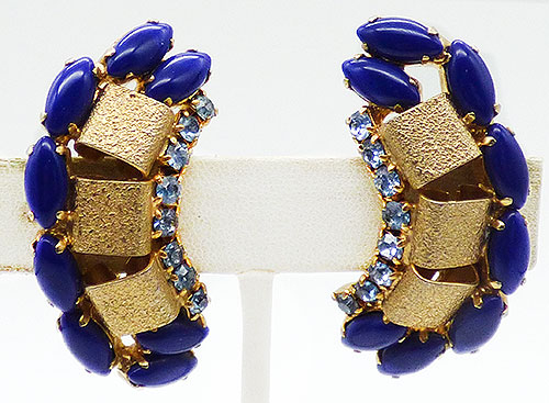Newly Added Blue Glass Navette Gold Panel Earrings