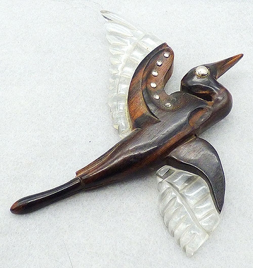 Wooden Jewelry - Wood and Lucite Stork Brooch