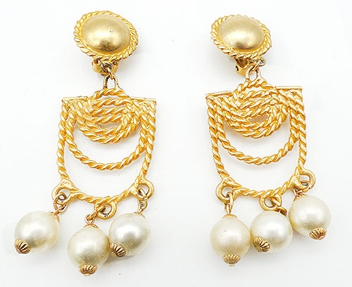 Newly Added Gold Tone Rope Faux Pearl Dangles Earrings