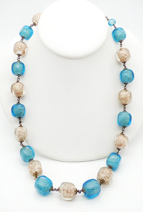 Italy - Murano Teal White Sommerso Beads Necklace