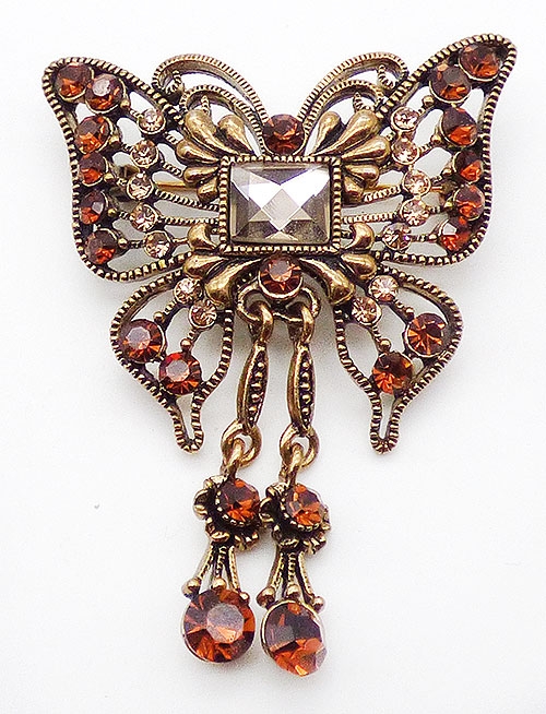 Figural Jewelry - Butterflies & Bugs - Amber Rhinestone Butterfly Brooch