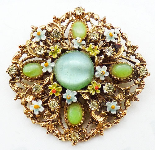 Brooches - Signed Art Green Glass Moonstone Brooch