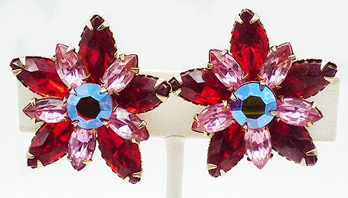 Earrings - Red and Pink Rhinestone Navette Earrings