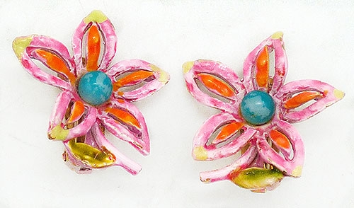 Earrings - Signed Art Enamel Flower Earrings