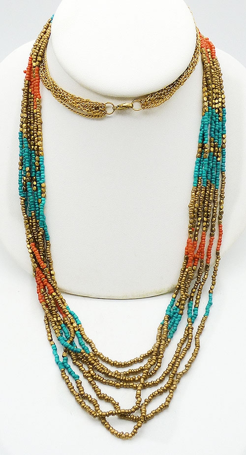 Necklaces - Faux Coral Turquoise Seed Bead Necklace