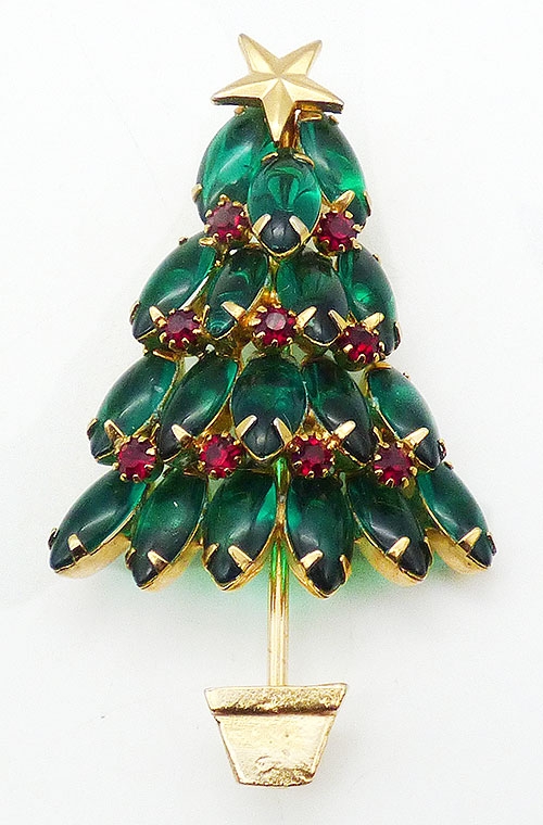 Brooches - Green Rhinestone Navette Christmas Tree Brooch