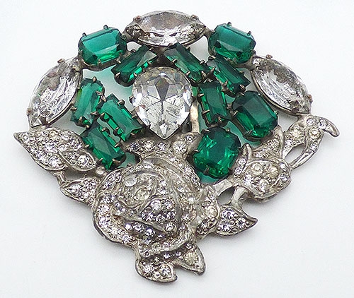 Dress & Fur Clips - Emerald and Clear Rhinestone Rose Dress Clip