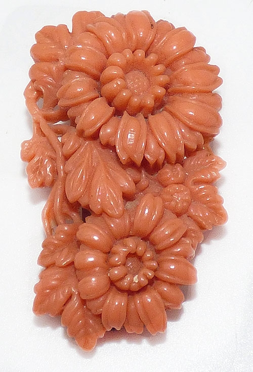 Bakelite, Celluloid, Galalith - Japan Coral Celluloid Flowers Dress Clip
