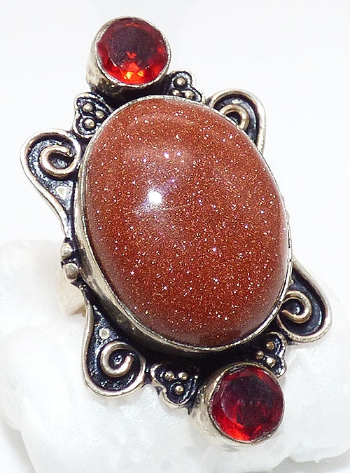 Rings - Silver Goldstone Glass Cabochon Ring