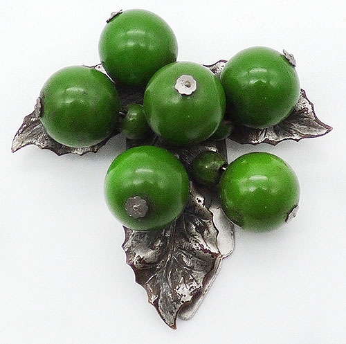 Dress & Fur Clips - Green Beads Silver Leaves Dress Clip