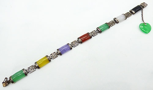 Semi-Precious Gems - Sterling Multi Colored Jade Link Bracelet