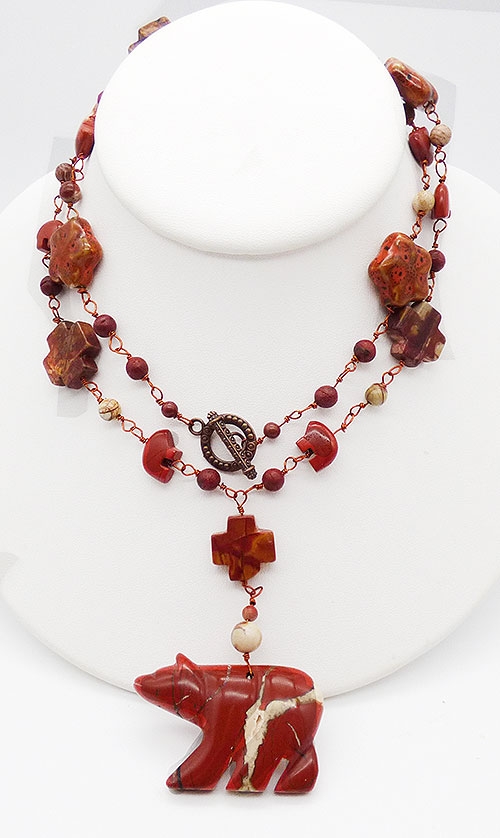Semi-Precious Gems - Native Agate Bear Ceramic Bead Fetish Necklace