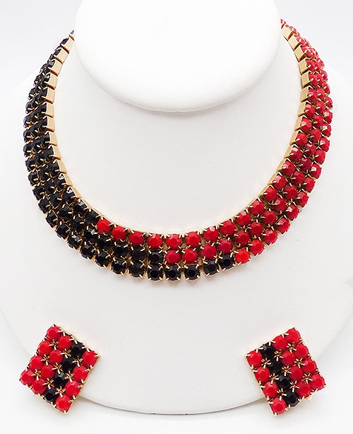 Sets & Parures - Red and Black Rhinestone Collar Necklace Set