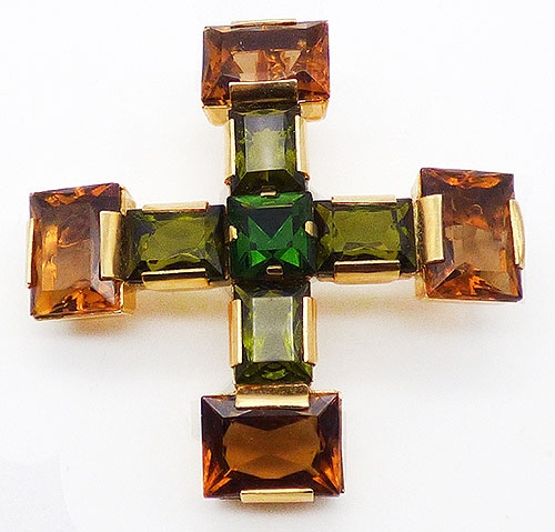 Brooches - Austrian Green and Amber Maltese Cross Brooch