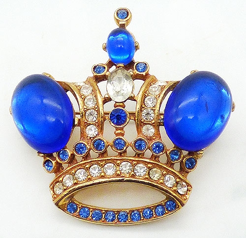 Crowns Swords & Heraldic Jewelry - Blue Cabochon and Rhinestone Crown Brooch